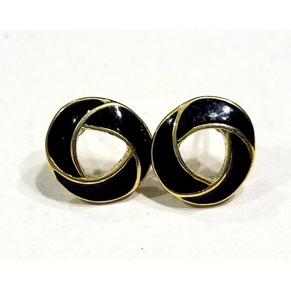 Signed Trifari Vintage Black Enamel Gold Earrings Pierced Classic Swirl - Picture 1 of 8